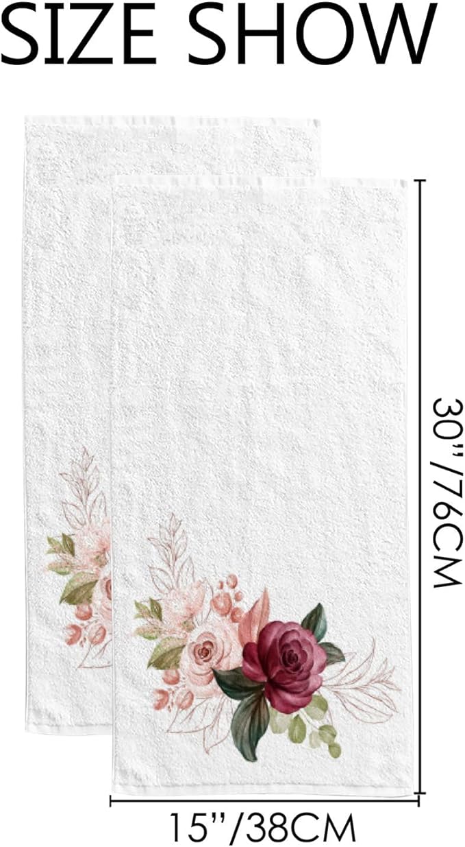 Hapuxt Hand Bath Towels for Bathroom Set of 2 Burgundy Roses Soft Brown Pink Shower Towel Water Absorbent Soft Microfiber Face Body Towel Kitchen Gym Spa Salon 30x15Inches