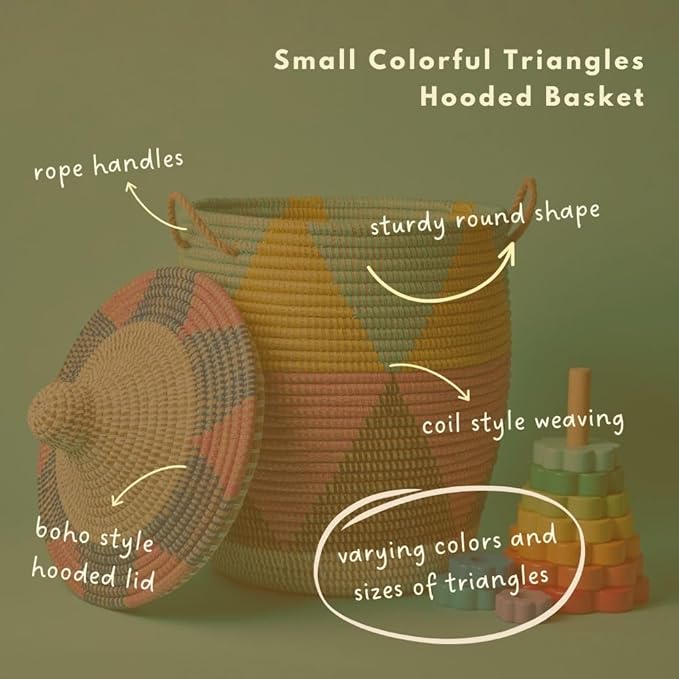 Small Colorful Basket, Shelf Basket, Storage Hamper for Towels, Clothes, Bath Tissue, Toys, Blankets, Bedroom, Living Room, Nursery, Wicker, Lid, Handles, Triangles Pattern