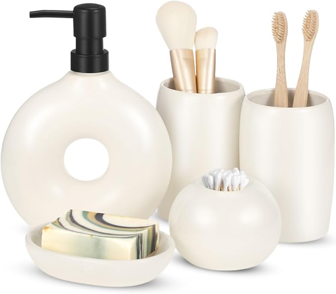 5 Pcs Ceramic Bathroom Accessories Set, Beige Counter Includes Soap Dispenser Toothbrush Cup Holder Soap Box Qtip Holder Stylish Modern Bathroom Matte Glaze Decor(White)