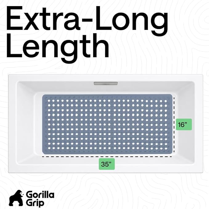 GORILLA GRIP Patented Bath Tub Shower Mat, Machine Washable Bathtub Floor Liner Mats, Suction Cups and Drain Holes to Keep Tubs Clean, Soft on Feet, Bathroom Essentials, 35x16 Inch, Sky Blue Opaque