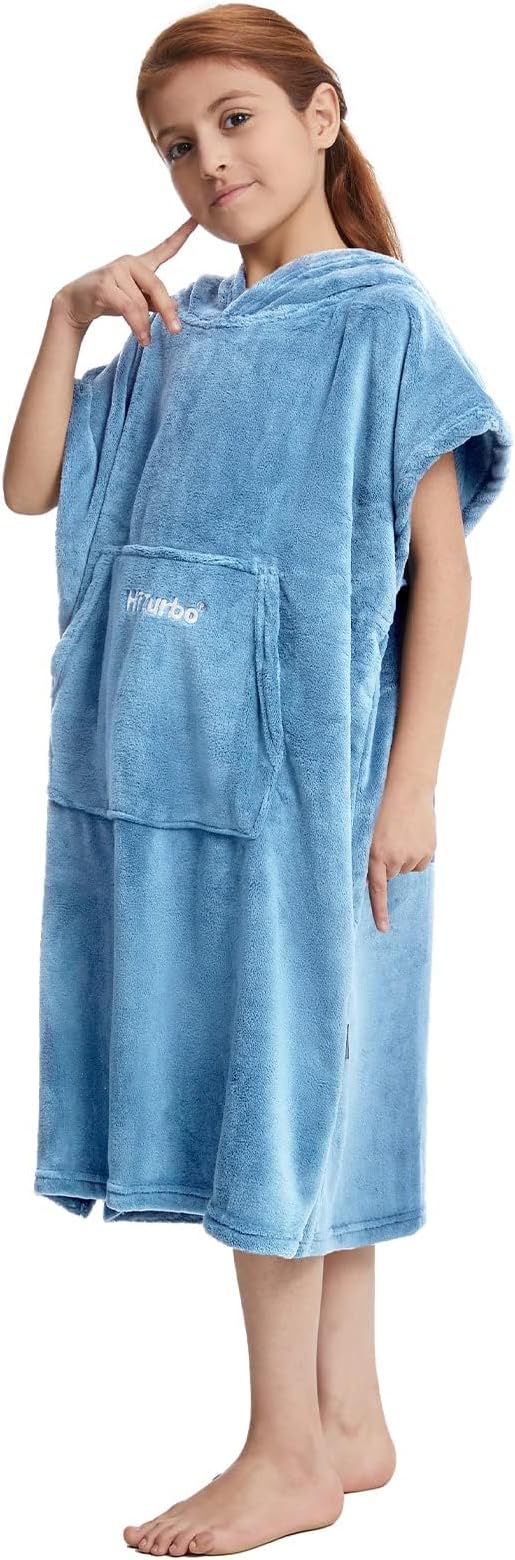 Hiturbo Kids Towel Changing Robe: Soft Plush Bath Towels - Warm Coral Fleece Hoodie - Swim Surf Poncho for 5-12 Years (Blue)