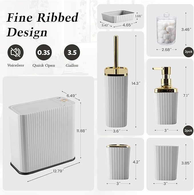 9-Piece Light Gray Bathroom Set with Slim Trash Can Press Top Lid, Modern Bathroom Accessories Sets with Toilet Brush, Soap Dispenser, Toothbrush Set, Soap Dish & Apothecary Jars