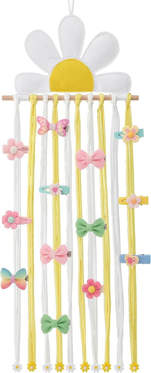 Long Bow Holder for Girls Baby White Daisy Hair Bows Clip Organizer 31.5 Inch Baby Hair Accessories Storage Display Hanging Decor for Girls Nursery Room Bedroom Living Room