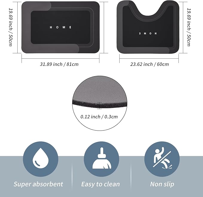 2PCS Absorbent Bath Mat Magic Rug Sets, Quick Drying Bath Mat Non-Slip Floor Rug Rubber Backed for Bathroom Kitchen Shower Sink, Water Absorbent (19.7''x23.6''+19.7''x31.9'', Black)