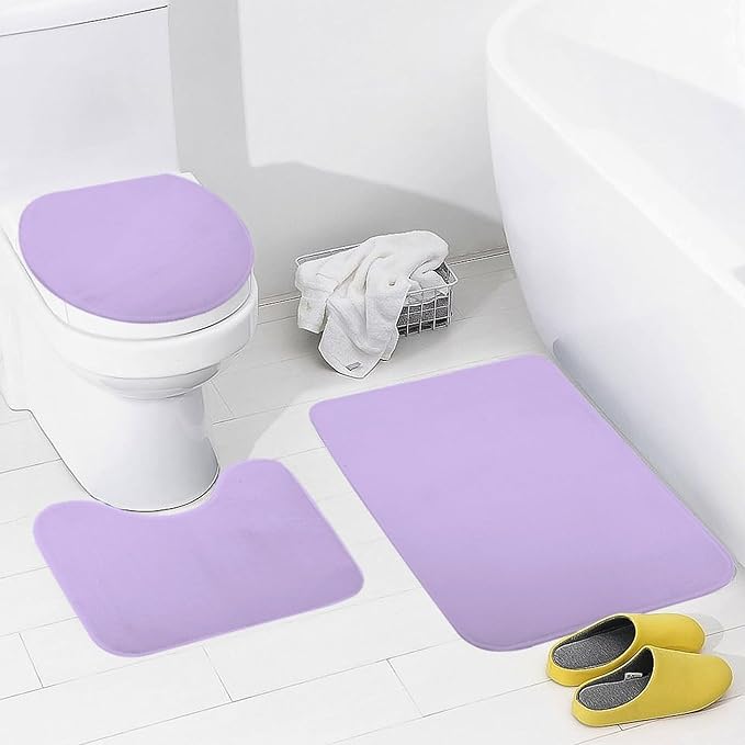 3 Pieces Bath Rug Sets, Light Lavender Trend Color Bathroom Mat Set Non Slip U Shaped Contour Rug & Toilet Lid Cover