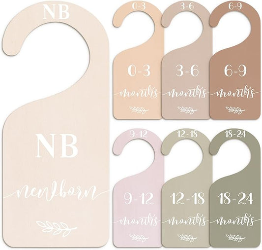Whaline 7Pcs Earth Tone Wood Baby Closet Size Dividers with Velvet Bag Newborn to 24 Month Thicken Infant Wardrobe Hanger Organizers for Home Nursery Party Favors Supplies