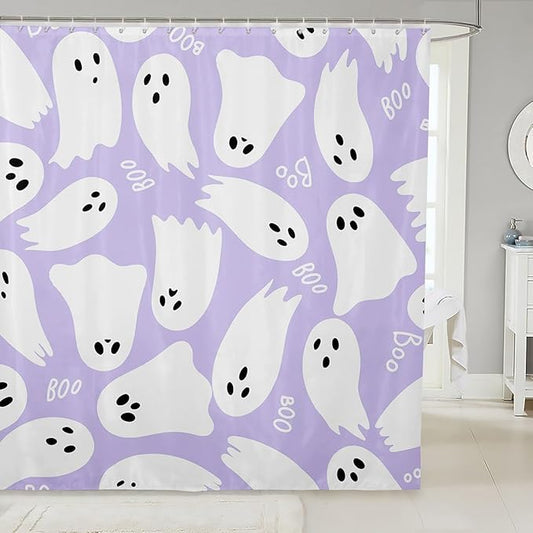 Halloween Theme Waterproof Bath Curtains with 12 Hooks Suits for Bathtub,Purple Cartoon Style Shower Curtains,Kawaii Ghost Bathroom Curtains,78 Inch Long