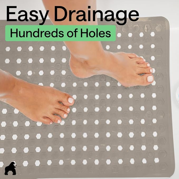 GORILLA GRIP Patented Square Shower Stall Mat, Small Bathtub Floor Mats for Stand Up Showers, Suction Cups and Drainage Holes, Machine Wash, Soft on Feet, Bathroom Accessories 21x21 Inch, Beige Opaque