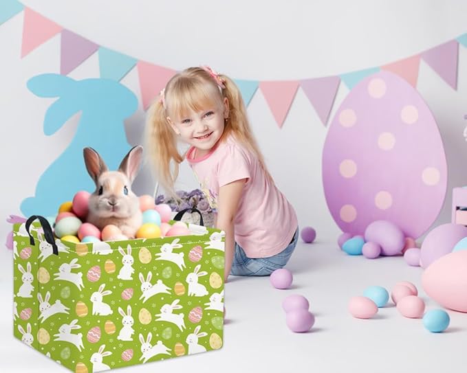 HIYAGON Rectangular Easter Basket Easter Gift Basket Kids Storage Basket Kids Basket Baby Nursery Basket for Boys Bunny Room Decor Cute Toy Storage Organizer Bins Bedroom(Green Easter Bunny)