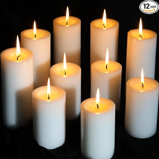 12 Packs White Pillar Candles, 50 Hours Long Burning Time Unscented Pillar Candles for Emergency,Wedding,Church, Dripless and Smokeless Table Candles Pillar, White Candles for Party, Relaxing