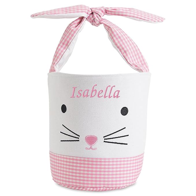 Lillian Vernon Personalized Kids Pink Gingham Easter Bag - 10" Diameter x 10.5"Tall, 100% Polyester Easter Basket, Add Initials or a Name, Easter Treat Bag