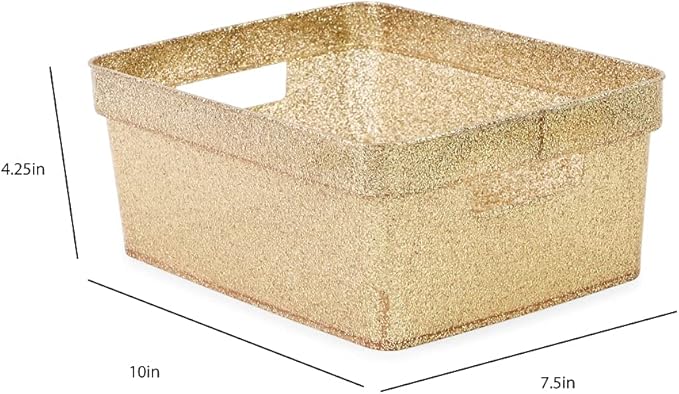 Isaac Jacobs Small Glitter Storage Bin (10” x 7.5” x 4.25”) Set w/Cut-Out Handles, Plastic Organizer, Multi-Functional, Home Storage Solution, Kids Playroom, Bedroom, Closet (4, Gold)