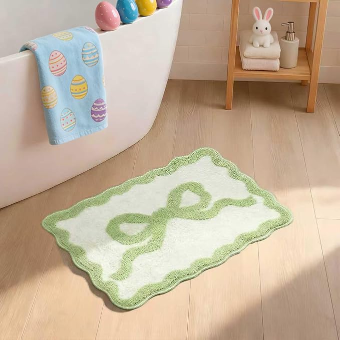 Green Bow Bath Mat - Scalloped Bow Bathroom Rug Easter Spring Room Decor Microfiber Bath Mat Water Absorbent Non Slip Shower Carpet Girls Bedroom Aesthetic Preppy Rug (Green, 16" x 24")