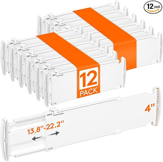 Lifewit 4" Tall 12 Pack Drawer Dividers, 35-56.5cm/13.8-22.2" Expandable Drawer Divider for Clothes, Adjustable Dresser Drawer Organizers, Drawers Separators for Dresser/Bathroom/Closet/Kitchen White