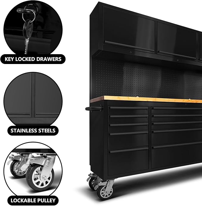 SINDA 72 Inch Tool Chest with Drawers and Wheels Mobile Workbench Garage Tool Storage Cabinet Large Rolling Lockable Tool Box with Wood Top, 15 Drawers + 3 Upper Cabinets, Matte Black
