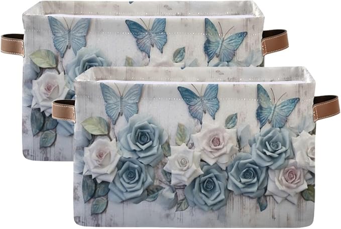YETTASBIN Rose Butterfly Storage Basket 1pc, Large Collapsible Toys Clothes Organizer, Durable Canvas Storage Bin with Handle for Shelves Closet Laundry Home Office Decor