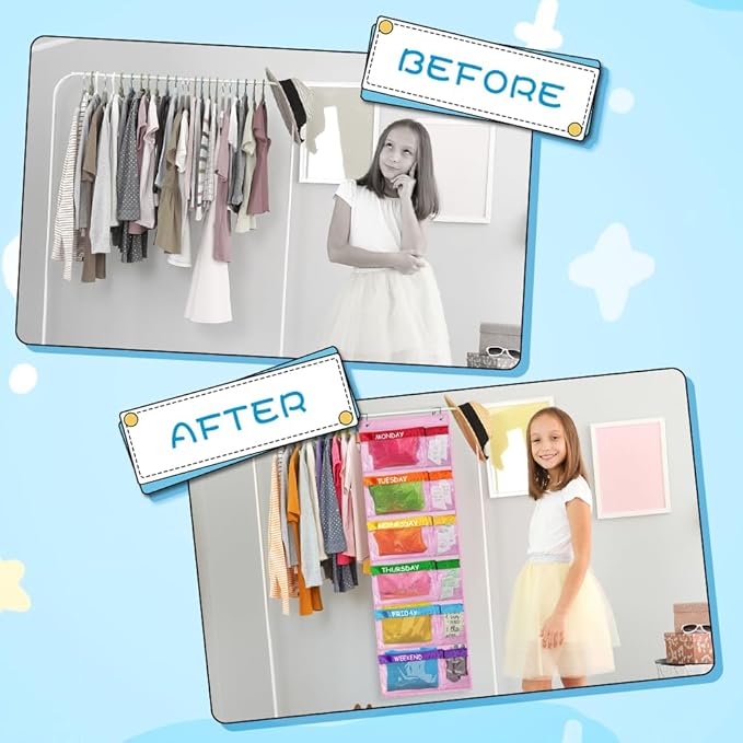 ABCKEY Rainbow Weekly Kids Clothes Organizer for Daily Activity,Portable Kids Clothes Storage White (Pink)