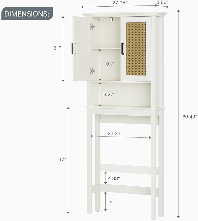 Over The Toilet Storage Cabinet, Over Toilet Storage Cabinet with Rattan Door and Anti-Tip, Above The Toilet Storage for Bathroom Behind The Toilet Bathroom Organizer, Rattan