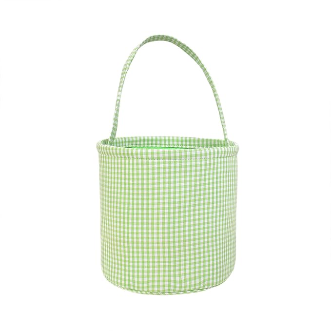 Plaid Easter Basket Stitch Easter Bag for Kids Colorful Cloth Baskets with Long Handle 9 Inch Spring Decorations (Green)