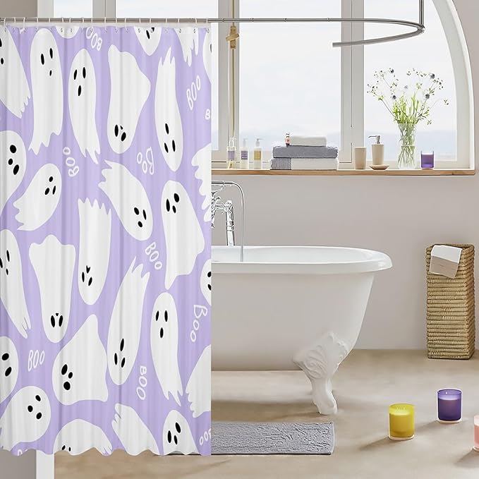 Halloween Theme Waterproof Bath Curtains with 12 Hooks Suits for Bathtub,Purple Cartoon Style Shower Curtains,Kawaii Ghost Bathroom Curtains,78 Inch Long