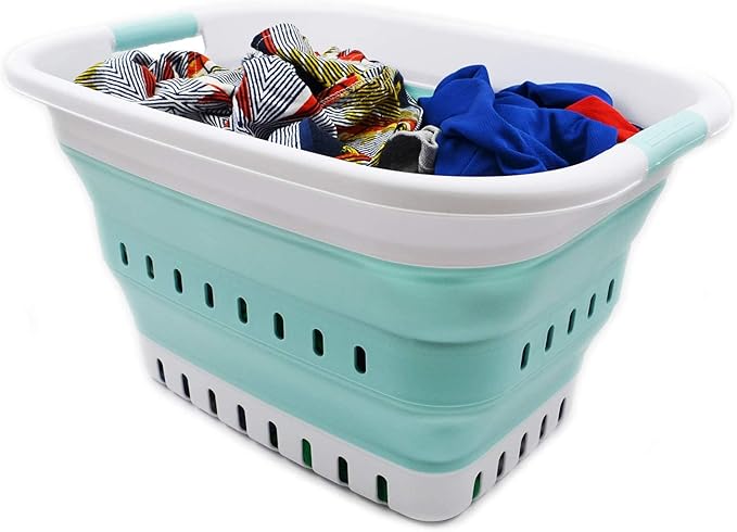 SAMMART 37L (9.77 gallon) Collapsible Plastic Laundry Basket - Foldable Pop Up Storage Container/Organizer - Space Saving Hamper/Basket (1, White/Lake Green)
