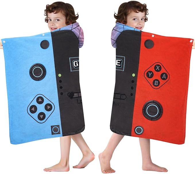 Hooded Towels for Kids- Ultra Soft 100% Cotton Video Game Gamepad Toddler Hood Bath Towels/Pool Terry Towel Beach Poncho Wrap Absorbent Cute Bath & Swim Wrap for Boys & Girls 3-10 Years