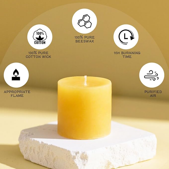 6pcs Beeswax Candle for Home, 2x2 Inches Beeswax Pillar Candles 96-Hour Long Burn Time, 100% Natural Pure Bees Wax Candle for Holidays Decor Spa Relaxation (2x2in)