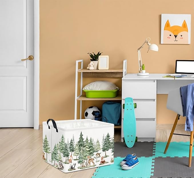 Rectangle Storage Basket,Gift Basket Empty with Handles,Cute Organizer, Room Decor(Watercolor Animals)