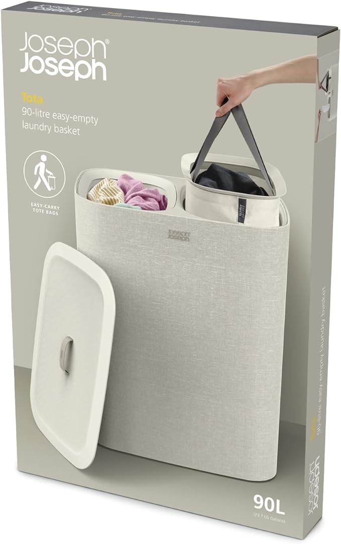 Joseph Joseph Tota 90 liter/23.8 gallon Laundry Hamper Separation Basket with lid, 2 Removable Washing Bags with Handles - Ecru