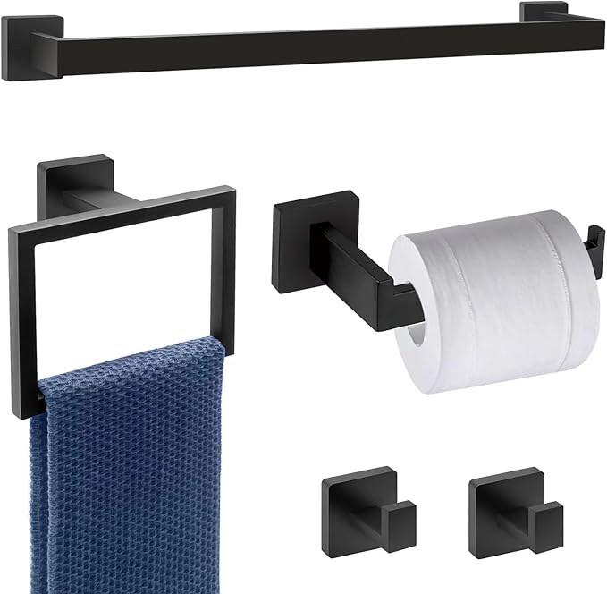 5-Piece Bathroom Hardware Set - Black Towel Bar Set with 2 Towel Hooks, Stainless Steel Wall Mounted Bathroom Towel Rack - Square, 16-Inch