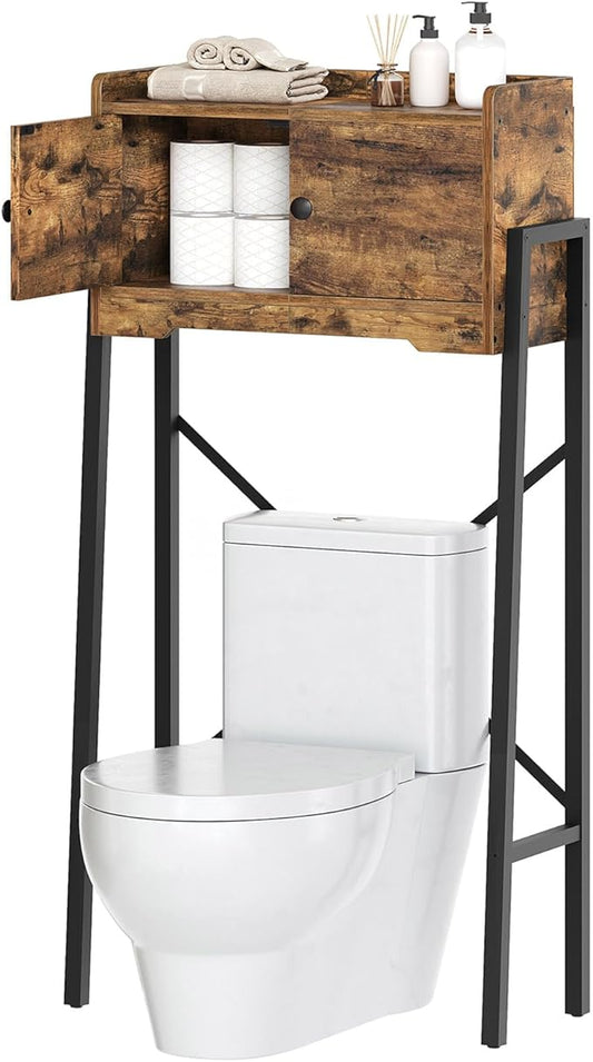 Over The Toilet Storage Cabinet, Freestanding Above The Toilet Storage Cabinet, Over The Toilet Storage Rack with X-Shaped Back Support, for Bathroom, Laundry, Rustic Brown and Black TR04BR