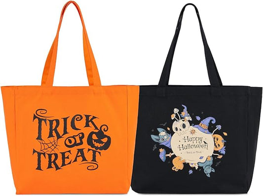 Halloween Basket Tote Bag Set of 2 Candy Ice Basket Trick for Treat Bags Tote with Ornament for Candy Party Accessory (Black & Pumpkin)
