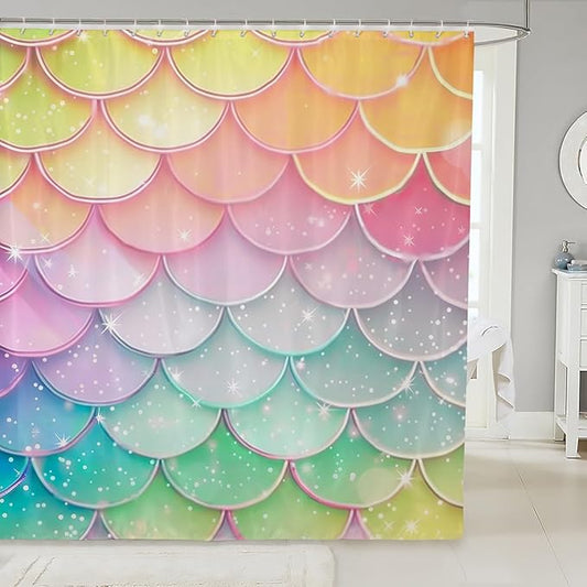 3D Mermaid Scales Shower Curtain Fish Scale Mermaid Curtain,Geometric Tail Gold Purple Pink Blue Ocean Theme Dream Fantasy Bathroom Curtains Decor Polyester Fabric Quick Drying 72X84 Inches with Hooks