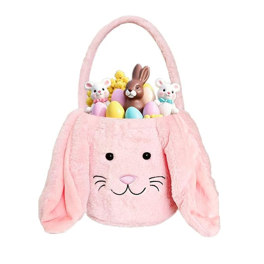 Easter Bunny Basket for Kids, Fluffy Easter Egg Hunt Bag Soft Fabric, Cute Rabbit Tote Bags with Long Plush Ear Easter Tote Bags for Candy Gifts Storage (Pink)
