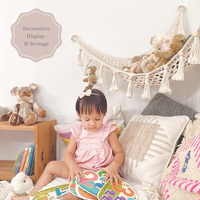 Macrame Toy Hammock for Stuffed Animals - Plushie Toy Hammock for Baby Girl Nursery Decor, Plush Hammock, Stuffy Hammock, Hanging Stuffed Animal Organizer, Sweet Pink