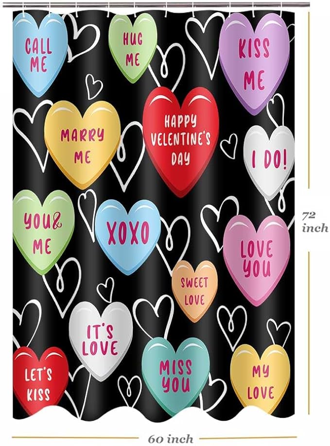 Happy Valentine Day Cute 60x72 Shower Curtain for Girls Love Me Kiss Me Red Black Love Hearts Romantic Shower Curtain Set Decor Bathroom Accessories Fabric Polyester Kid Bath Curtain with Hooks
