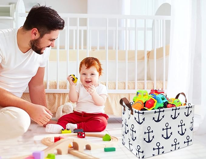 HIYAGON Kids Storage Basket Nautical Gift Basket Empty Boys Toy Storage Bin Organizer Box Rectangular Room Decor for Home,Books (Anchor)
