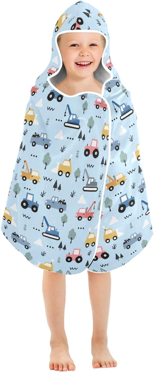 Cartoon Car Hooded Beach Towel for Kids, Kids Bath Hooded Towels for Boys Girls, Super Soft Absorbent Bathrobe with Hood for Swin Pool 50"x23.5"