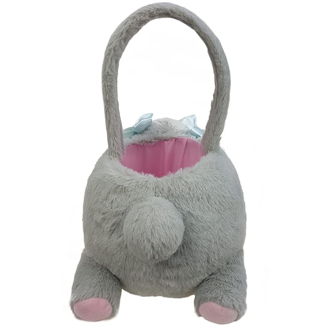 DearSun Personalized Easter Egg Hunting Basket 3D Plush Bunny Basket Candy Bucket Gift Basket with Embroidery Name (Grey Plush Bunny Basket)