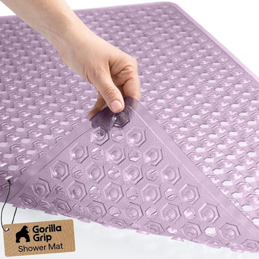 GORILLA GRIP Patented Bath Tub Shower Mat, Machine Washable Bathtub Floor Liner Mats, Suction Cups and Drain Holes to Keep Tubs Clean, Soft on Feet, Bathroom Essentials, 35x16 Inch, Clear Purple