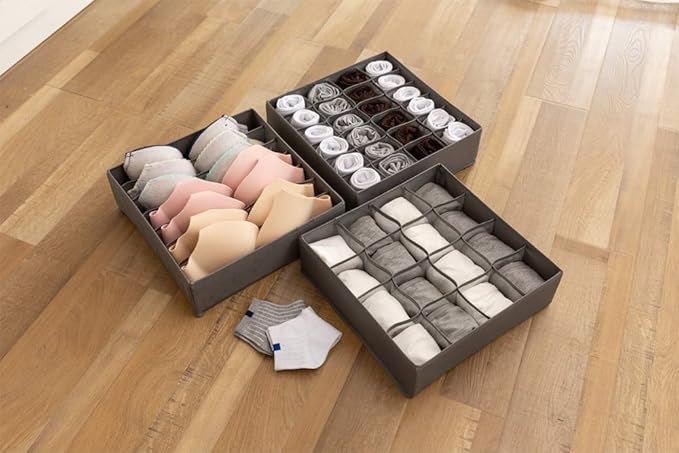 ALYER Collapsible Bra(A-C Cup) Drawer Organizer,Durable Cloth Storage Box Bins Dividers for Panties,Underwear,Socks,Lingerie(Gray-7 Cells)