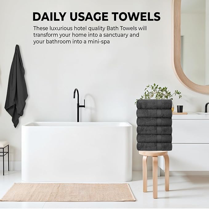 Hotel & Spa 100% Cotton Bath Towels Pack of 6, Ultra Soft, Quick Dry, Lightweight, Highly Absorbent, Perfect for Face, Hands, Spa, Gym, Hotel, Resort & Daily Use - Grey (24" x 48")