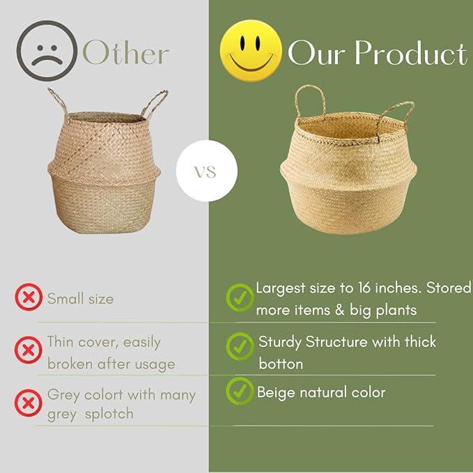 Extra Large Size(16x16x15 inches) Seagrass Belly Basket for Storage, Laundry, Picnic and Woven Straw Beach Bag - Plant Pots Cover Indoor Decorative