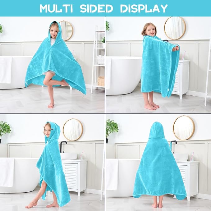 Hiturbo Kids Hooded Bath Towel: 100% Cotton Soft Thick Absorbent Towels Wrap - 50"x30" Shower Beach Pool Wearable Blanket for 3-12 Yrs Boys Girls - Blue