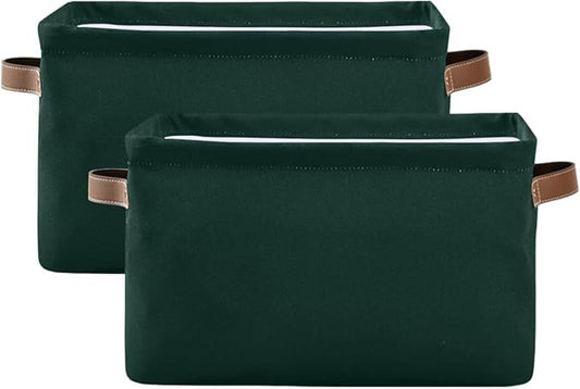 YETTASBIN Hunter Green Solid Color Storage Basket 2pc, Large Collapsible Toys Clothes Organizer, Durable Canvas Storage Bin with Handle for Shelves Closet Laundry Home Office Decor