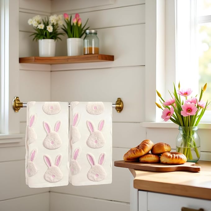 2pcs Easter Bunny Hand Towels Set 100% Cotton Soft Absorbent Spring Bathroom Hand Towels 14x29 Inch Cute Jacquard Easter Kitchen Decor Towels Holiday Kitchen Bathroom Decor Gift(Beige)