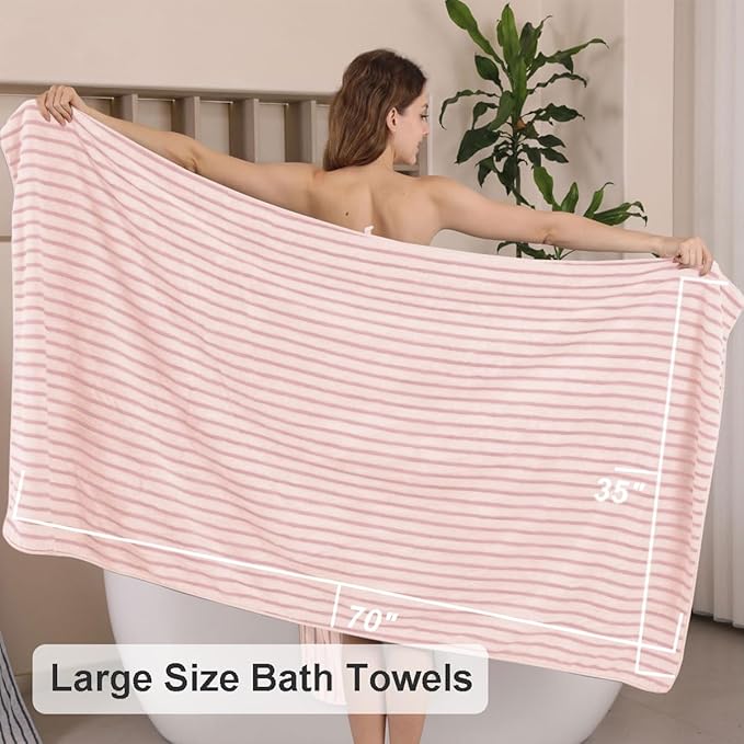 4 Piece Pink Cabana Stripe Large Bath Towels 35"x70" Oversized Bath Sheet Super Soft Breathable Jumbo Bathroom Towels Highly Absorbent Shower Towel Quick Dry Beach Chair Towel Spa Gym Hotel Towel Set