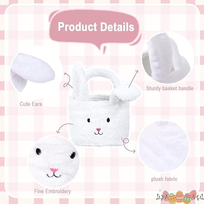 Easter Baskets for Kids,Plush Egg Hunting Easter Buckets with Handle Folded Ears, Gifts Boys Girls