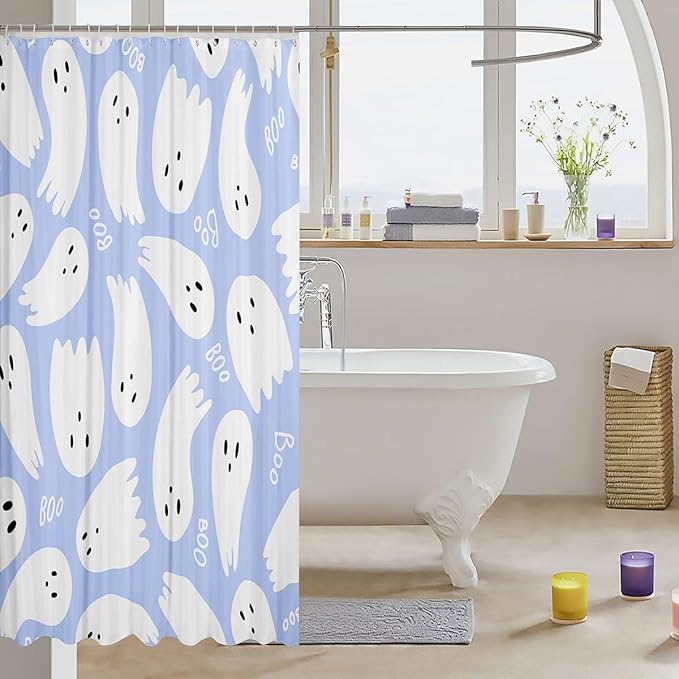 Happy Halloween Shower Curtains,Watercolor Taro Purple Paint Print Bath Curtain,Kids Skull Ghost Cloth Fabric Bathroom Decor Set with Hooks,84" Long