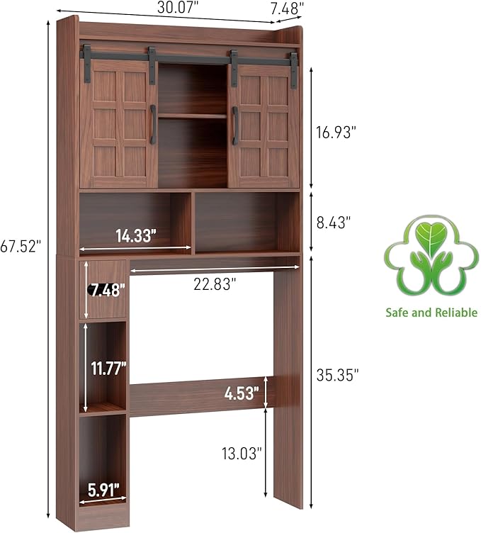 Over The Toilet Storage Cabinet, Farmhouse Storage Cabinet Over Toilet with Sliding Doors，Home Space-Saving Toilet Rack, for Bathroom, Restroom, Laundry. Walnut